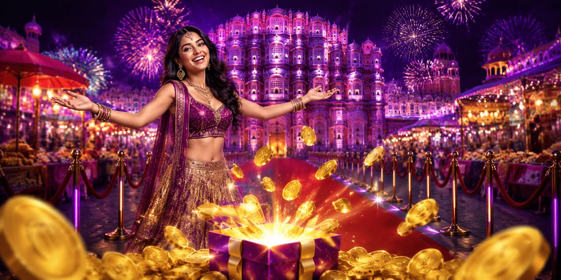Vibrant Indian night market with slot machine neon signs